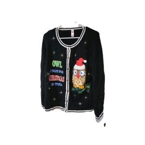 Ugly Christmas Sweater Party Black Owl I Want Santa Cardigan Pun Large